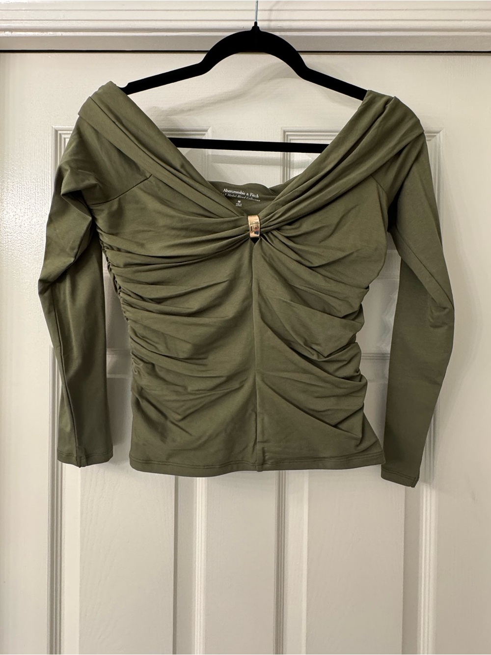 Abercrombie & Fitch Olive Green Off-Shoulder Ruched Long Sleeve Top